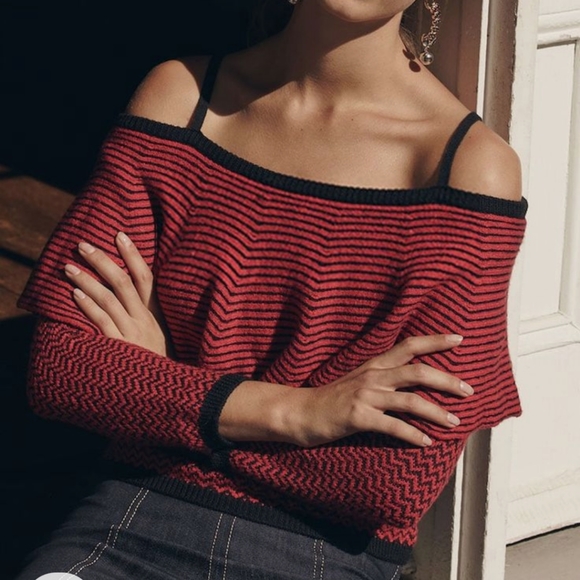 BB DAKOTA Debeney Striped Off-the-shoulder Sweater - Picture 2 of 13
